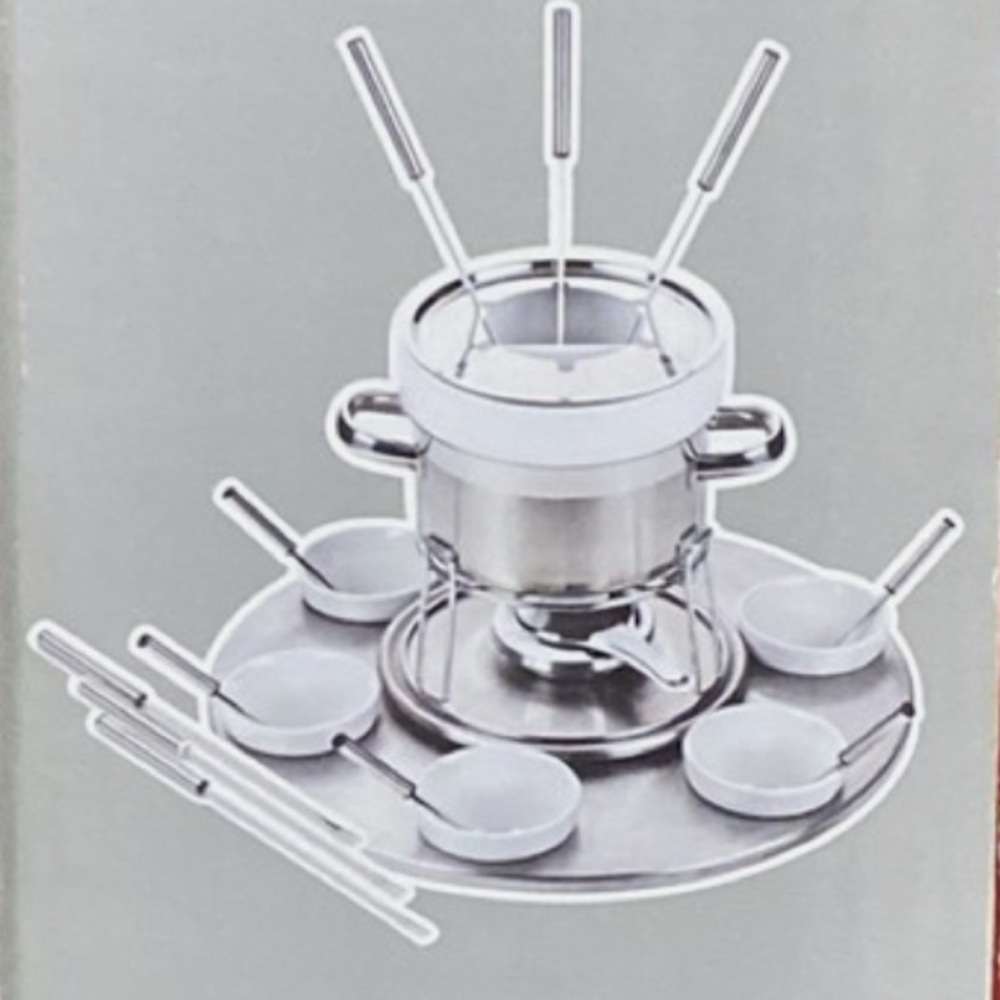 Cook at Home Stainless Steel Fondue Set with White Accents Ceramic